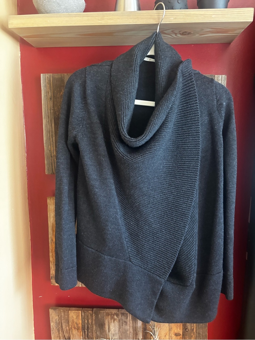 Women's Charcoal Cowl Neck Sweater - Cozy Asymmetric Knit
